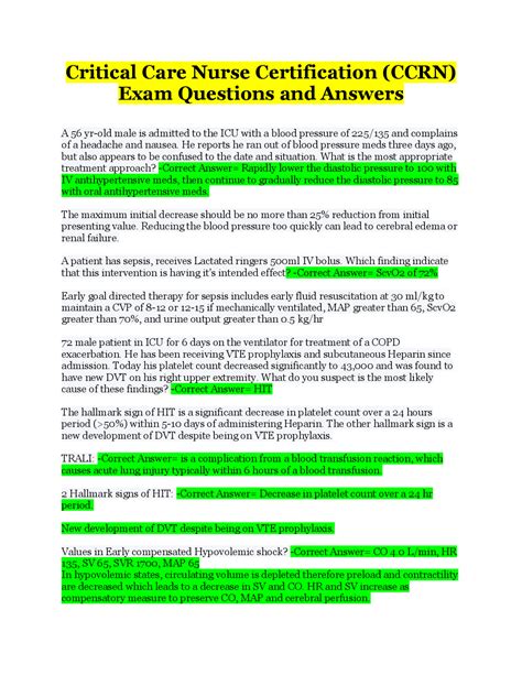 Critical Care Nurse Certification (CCRN) Exam Questions and Answers ...