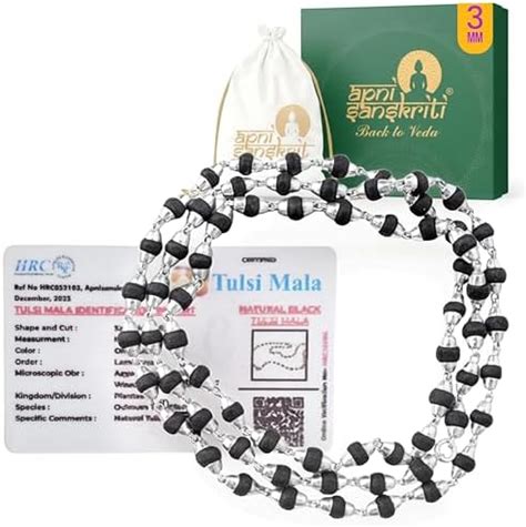 Apnisanskriti Black Tulsi Mala in Silver Designer Caps (3 mm, 55 Beads ...