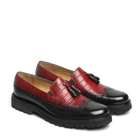 Wine & Black Croco Print Leather Light Weight Tassel Slip-Ons By Brune