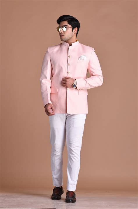 Light Pink Bandhgala Jodhpuri Designer Blazer With White Trouser – Rajanyas