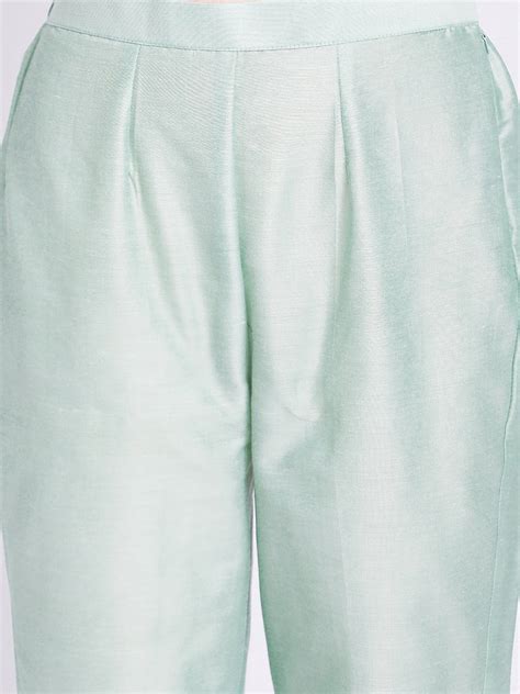 Aqua Green Banarsi Straight Kurti with Pants and Chiffon Dupatta ...
