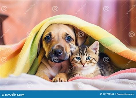 Cute Baby Kitten with Puppy Under a Plaid, Generated Ai Illustration ...