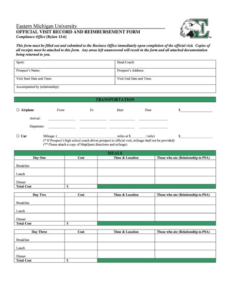 Fillable Online OFFICIAL VISIT RECORD AND REIMBURSEMENT FORM Fax Email ...