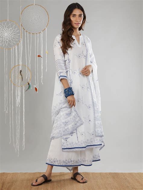 White Blue Bird Printed Cotton Suit- Set of 3