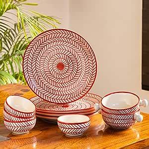ExclusiveLane 'Red Chevrons' Handpainted Ceramic Dinner Set (10 Pieces ...