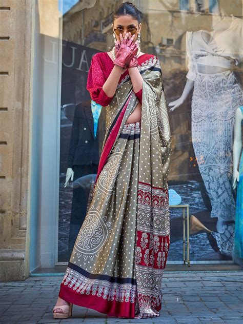 Slate Grey Printed Satin Crepe Saree – Maharanisaree