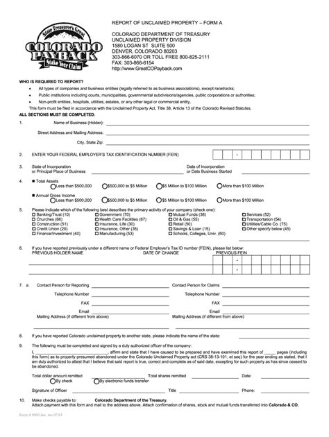 Colorado Unclaimed Property Form A - Blank Fillable Template | Fill Out ...