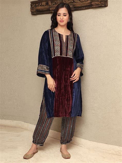 Burgundy Embroidered Velvet Kurta with Pants- Set of 2