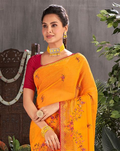 Vishal Prints Saffron Color Designer Chiffon Saree With Embroidery And