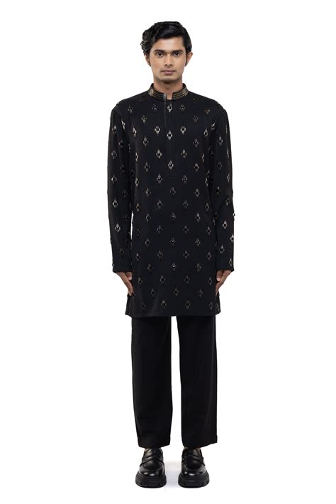 Black Cotton Motifs Embellished Kurta Set - SDS | KUSHAL SHAH