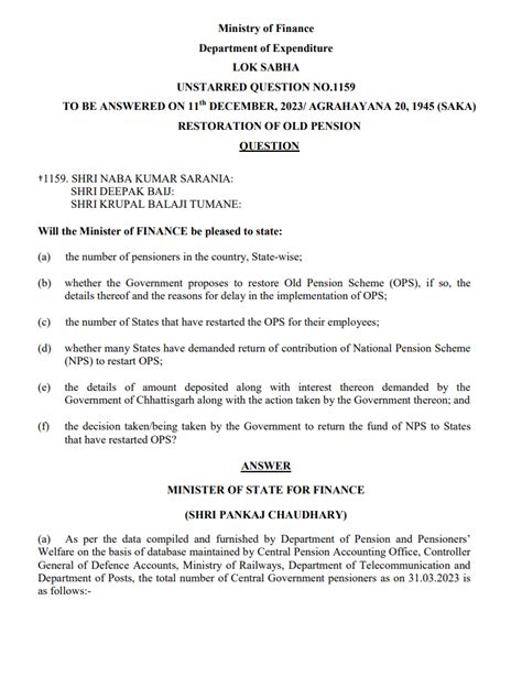 RESTORATION OF OLD PENSION - LOK SABHA