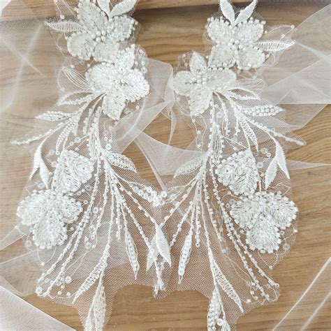 1 Pair 3D BRIDAL Gown Lace Applique, Light Ivory, Unique Mirrored Pair, Leaf Lace Applique ...