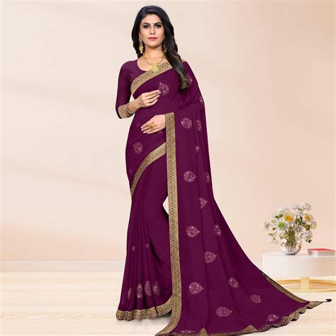 Purple Embroidered Chiffon Saree