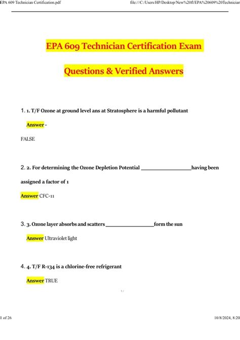 EPA 609 Technician Certification Exam 2024 Questions With Correct ...