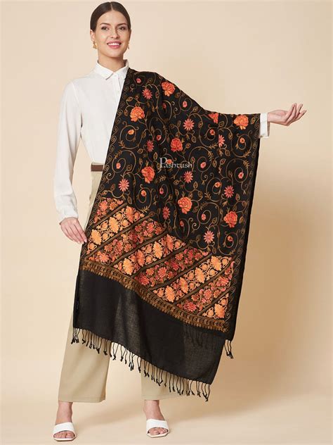 Pashtush Womens Fine Wool Stole, Floral Aari Embroidery Design, Black ...