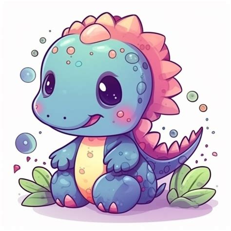 Um dinossauro de desenho animado sentado no chão com bolhas generativas ...