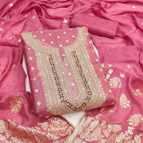 Exclusive Pink Floral Butti Weaving Shimmer Silk Dress Material With C