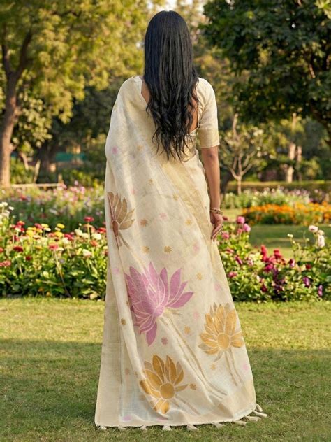 Buy White Linen Cotton Saree With Blouse Piece 79312 Online | Karagiri