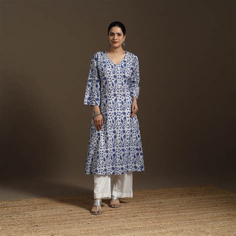 Blue Hand Embroidery Cotton A-Line Batik Print Kurta for women