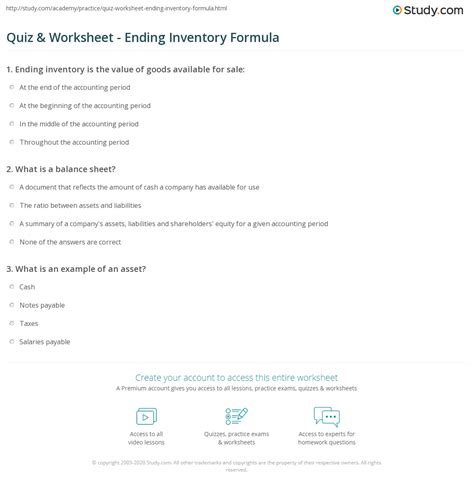 Quiz & Worksheet - Ending Inventory Formula | Study.com