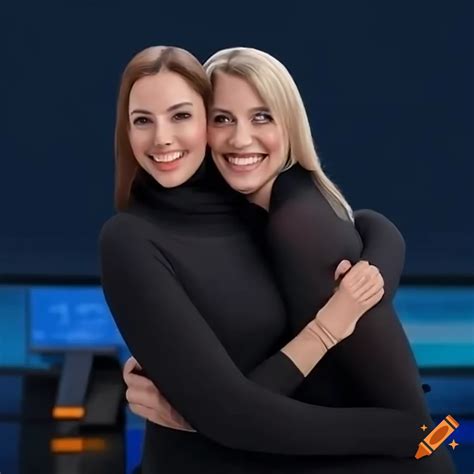 Two women in black turtlenecks sitting together at the news desk on Craiyon