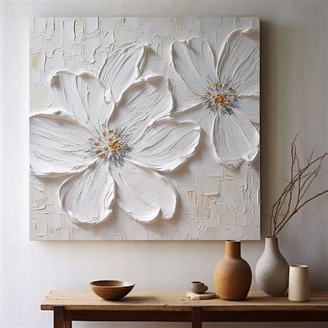 3D White Large Flower Texture Oil Painting on Canvas White Floral ...