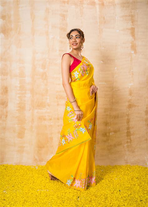 Golden Yellow Floral Pattachitra Pure Silk Saree | Mosami