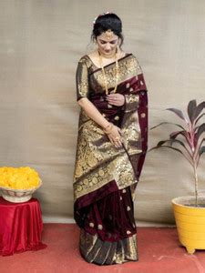 Buy Omsaiarts Woven Banarasi Jacquard, Pure Silk Maroon Sarees Online ...