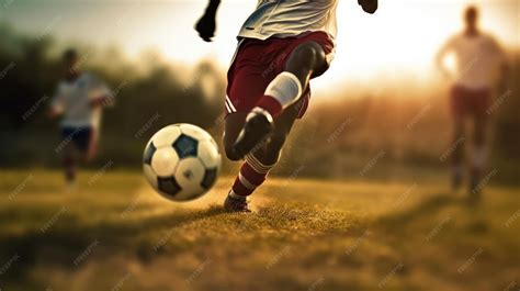 Premium AI Image | A person kicking a soccer ball on a field.