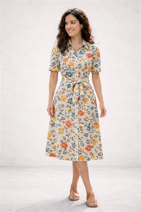 More Fashion Elegant Floral Print Shirt Midi Dress with Waist Tie Belt ...