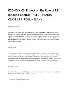 ECO Project: Role of RBI in Credit Control and Monetary Policy - Studocu