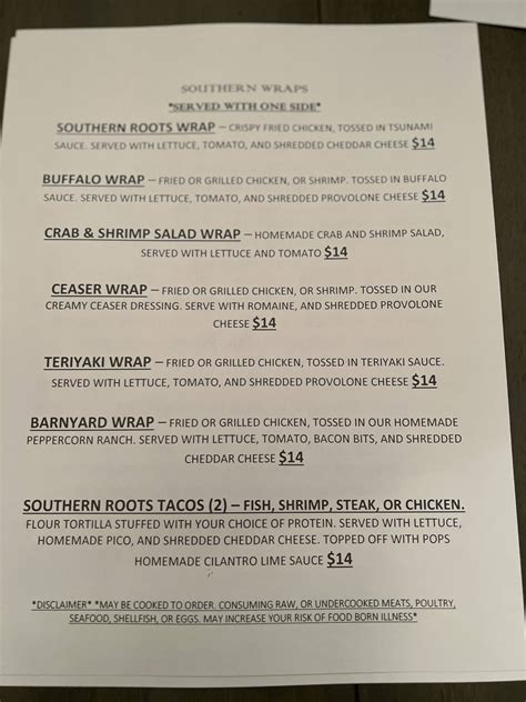 Menu at Southern Roots Bar & Grille, Monroe