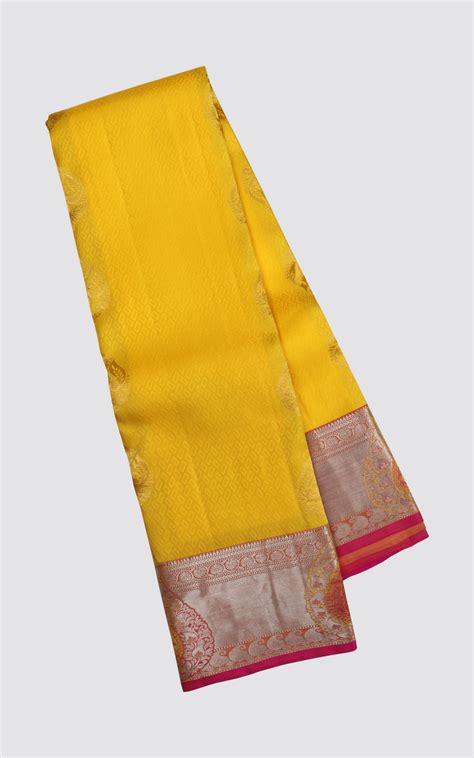 Lemon Yellow and Dark Pink Silk Saree with Embossed Zari – ARRS SILKS