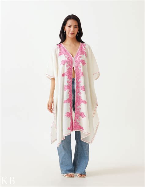 White Aari Embellished Summer Cotton Kaftan – KashmirBox.com