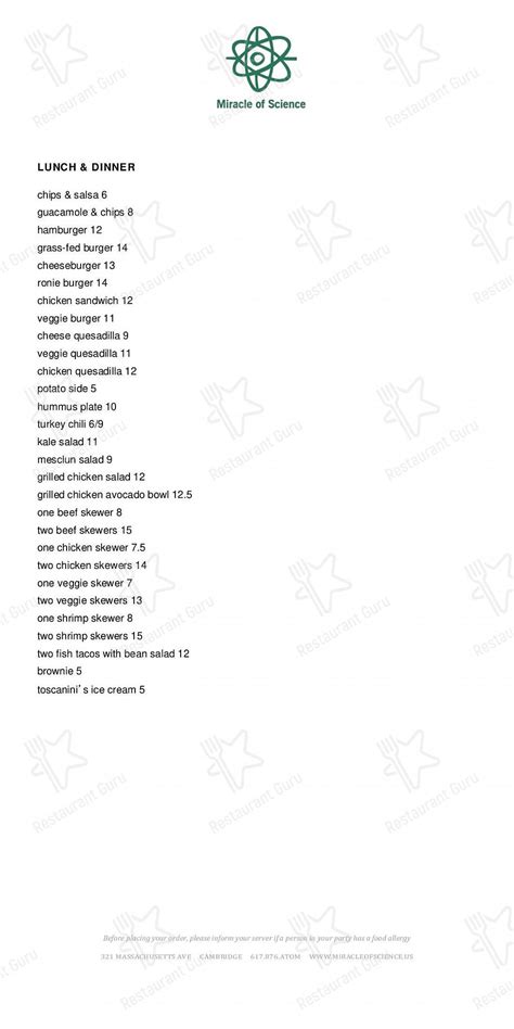 Menu at Miracle of Science Bar + Grill, Cambridge