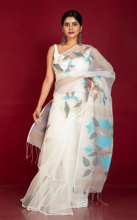 Naal Phool Woven Nakshi Work Muslin Silk Jamdani Saree in White, Black ...