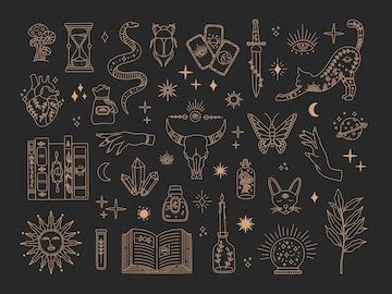 Witchcraft sacred big set, mystic magical symbols gold linecollection ...