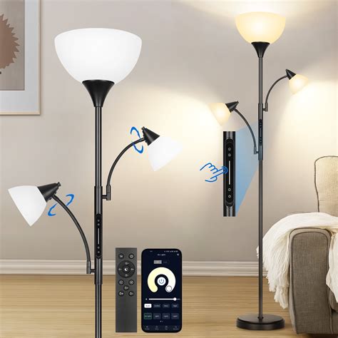 OUTON Adjustable LED Dimmable Floor Lamp with 2 Reading Lights, Remote ...