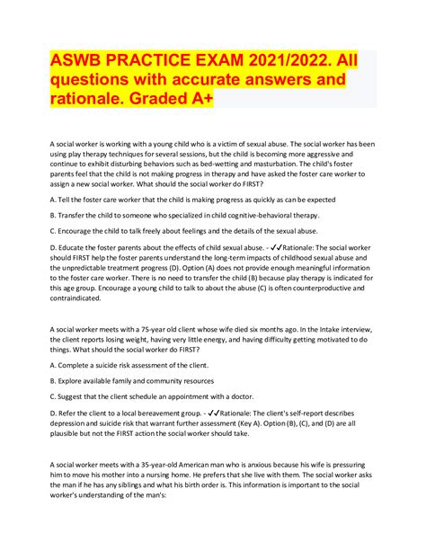ASWB PRACTICE EXAM | All questions with accurate answers and rationale ...