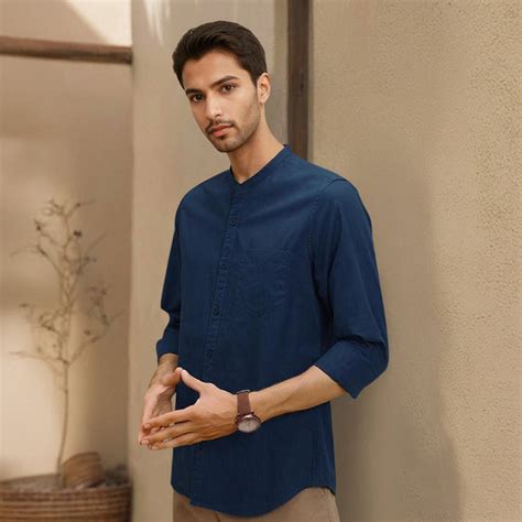 Buy Navy Mandarin Collar Solid Linen Cotton Shirt for Men | Rustorange