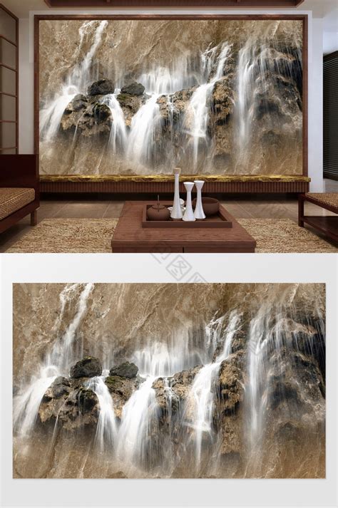 新中式瀑布流水纹理背景墙效果图-【包图网】