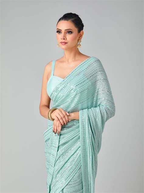 Beautiful Sea Green Sequin Georgette Saree – Tirumala Designers