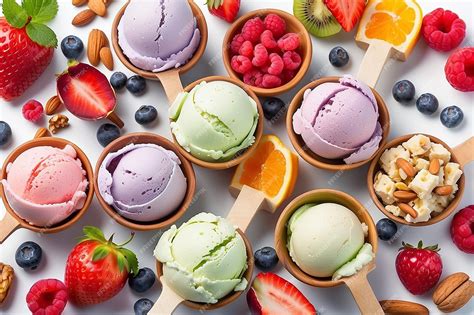 Premium Photo | Set of different types of ice cream balls in waffle cones with ice cream ...