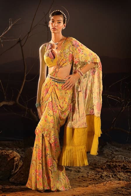 Buy Yellow Satin, Organza Beads, Applique Printed Pre-draped Saree With ...