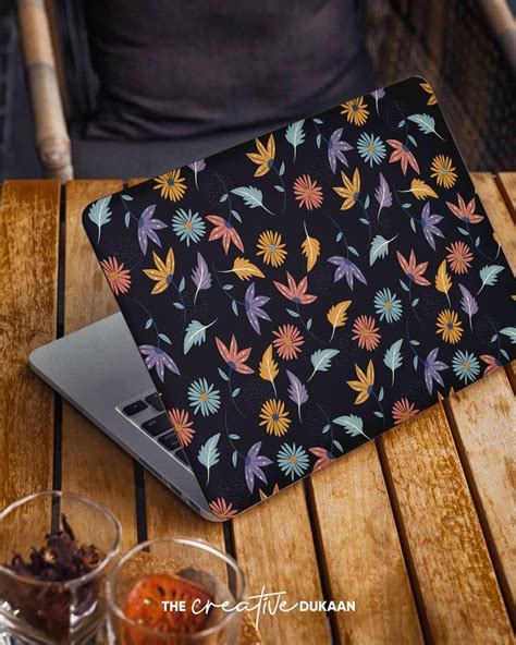 Black Floral Laptop Skin With Small Flower & Leaves Design – Creative ...