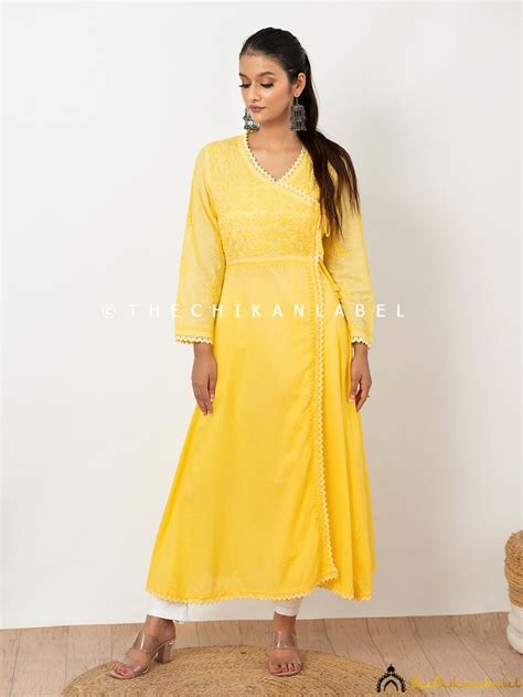 Ruhi Cotton Chikankari Slit Angrakha-Yellow|The Chikan Label