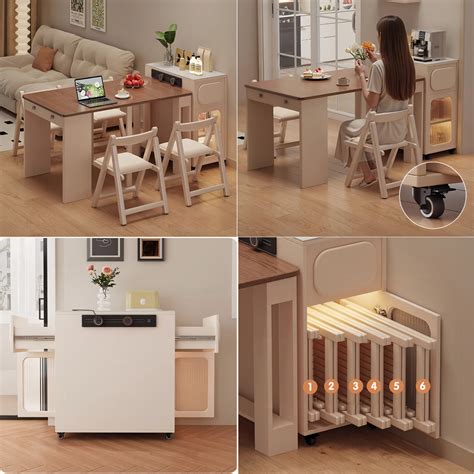 Extendable Dining Table with Rolling Sideboard Cabinet and Chairs Set ...
