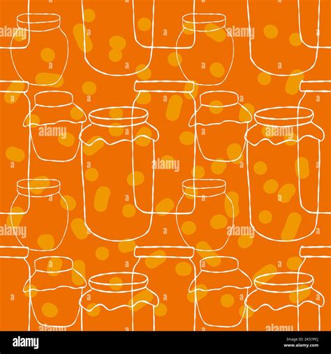 Seamless pattern with white line jars of jam illustration on orange ...