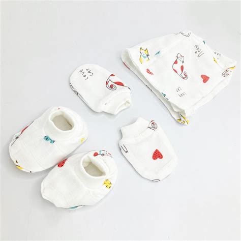 Newborn Baby Mittens and Cap Booties Set - Double Layer Muslin Cotton ...