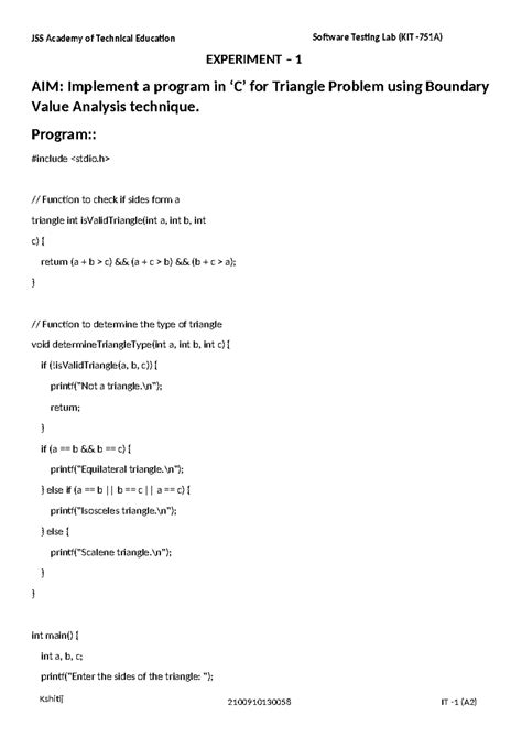Software testing Lab File - EXPERIMENT – 1 AIM: Implement a program in ...